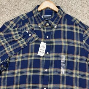 Club Room Shirt Mens Large Navy Blue Khaki Plaid Long Sleeve Button Down Flannel
